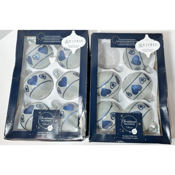 11 Vitbis Christmas Glass Ornaments Blue And White Glitter Heart Pattern - Picture 2 of 6